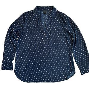 Ann Taylor Navy Blue crepe flowy white dot button top Womens L S1